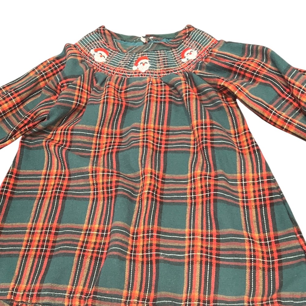 Holiday Smocked Santa Flannel Plaid Dress Green Red‎ Long Sleeve Toddler 2-3Y